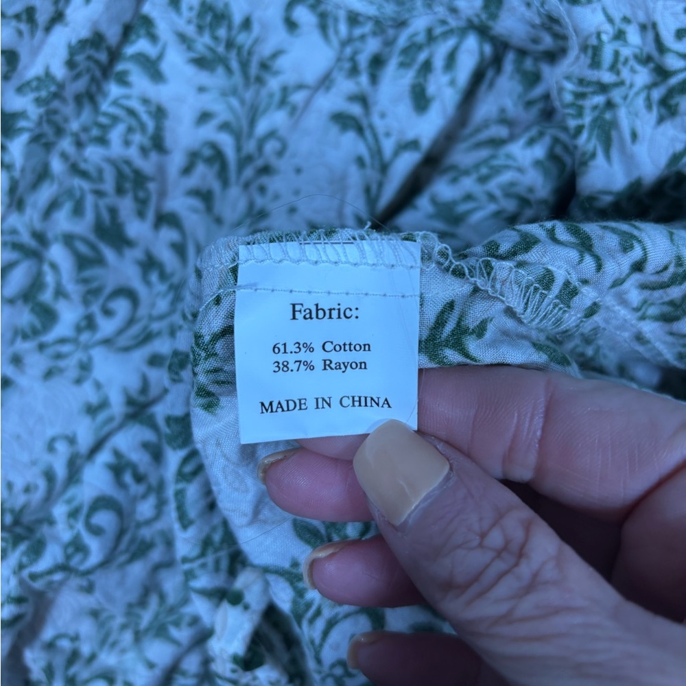 Green Damask Tiered Midi Dress Short Puff Sleeve Cotton Blend Pockets Cream #747 - Picture 8 of 9